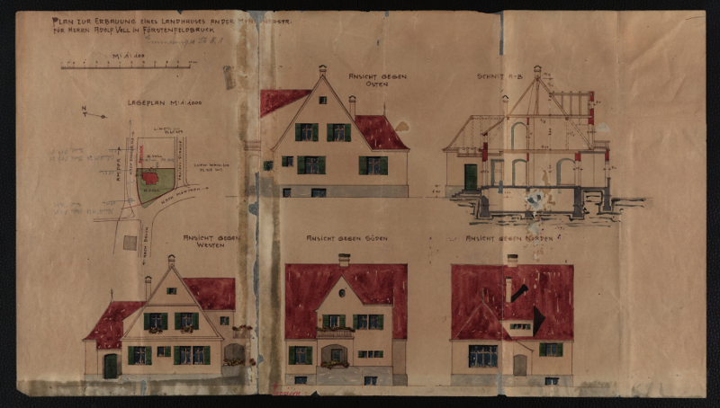 Adolf Voll, Plan zur Erbauung eines Landhauses für Herrn Adolf Voll, Ansichten des eigenen Wohnhauses, 1909